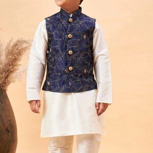 Boys Desi Kurta with Gold-Embroidered Blue Vest, Size 36 (12-14 years (Set of 2)